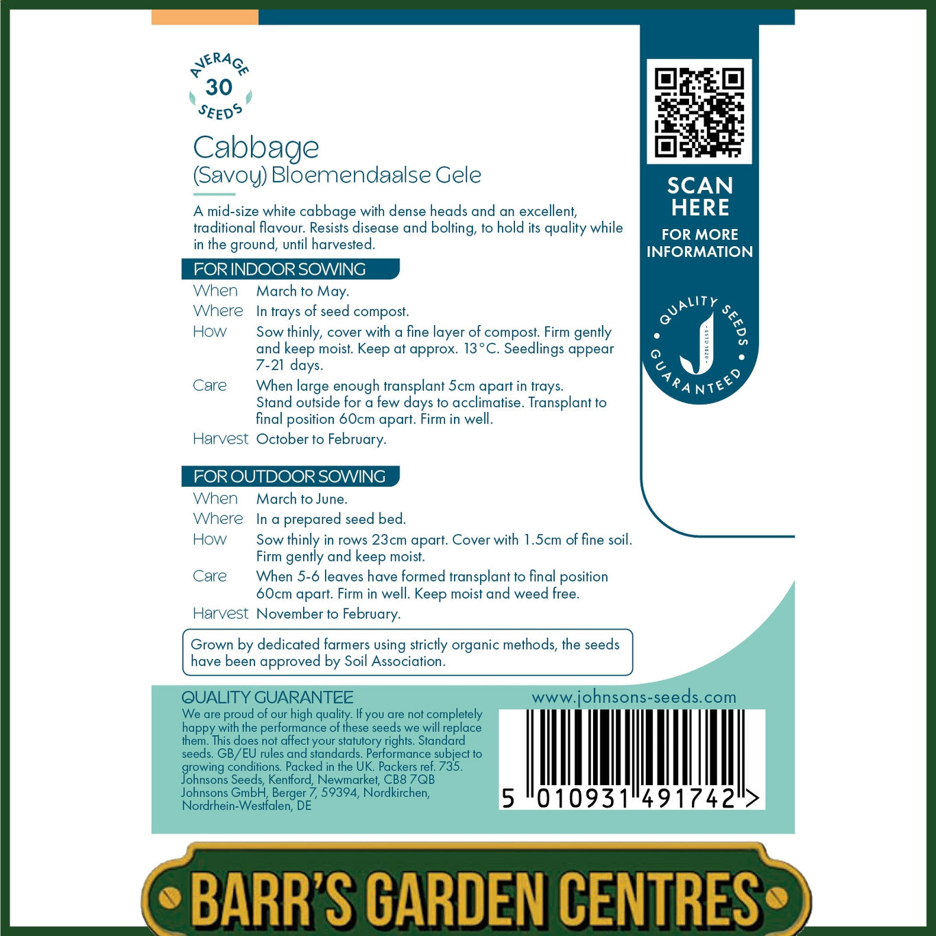 Johnsons - Organic Vegetable - Cabbage (savoy) Bloemendaalse Gele - 30 Seeds