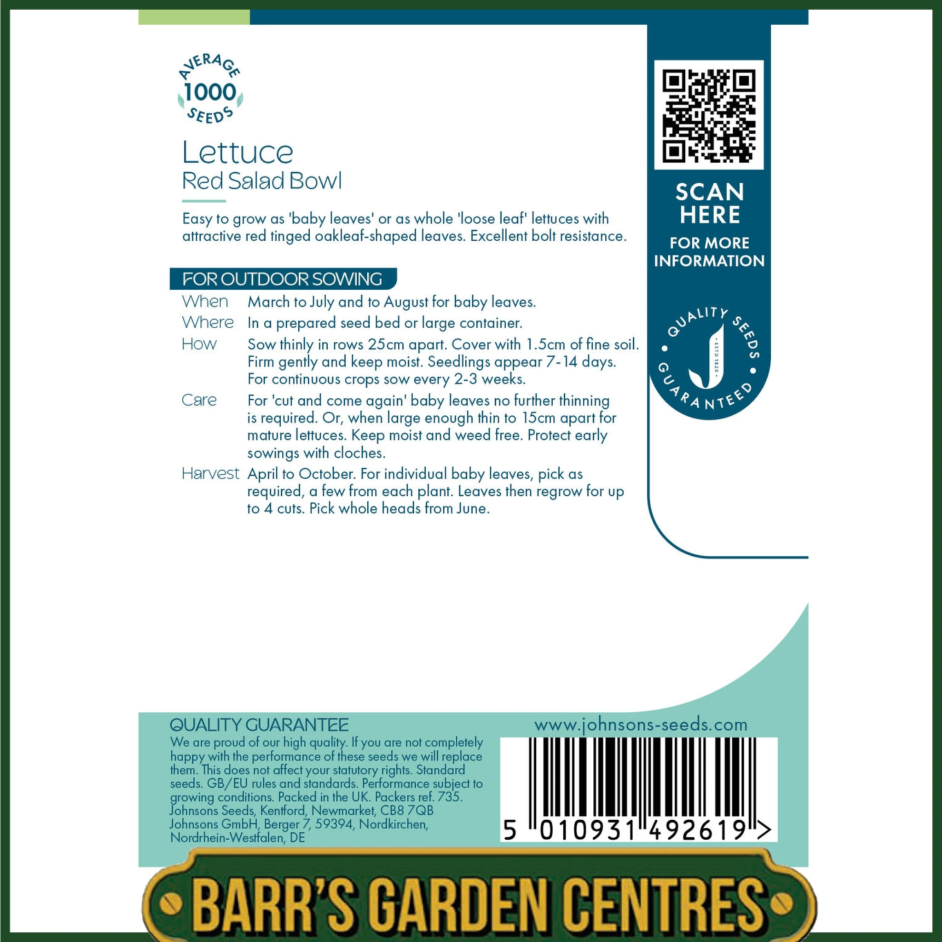 Johnsons - Lettuce Red Salad Bowl - 1000 Seeds