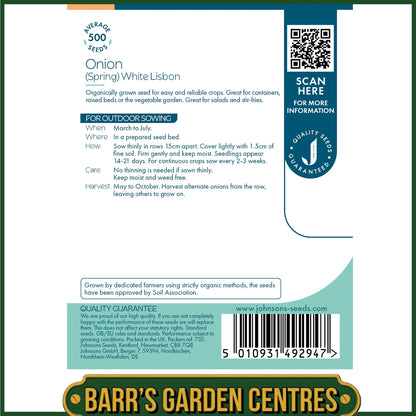 Johnsons -  Organic Vegetable - Onion (spring) White Lisbon - 500 Seeds