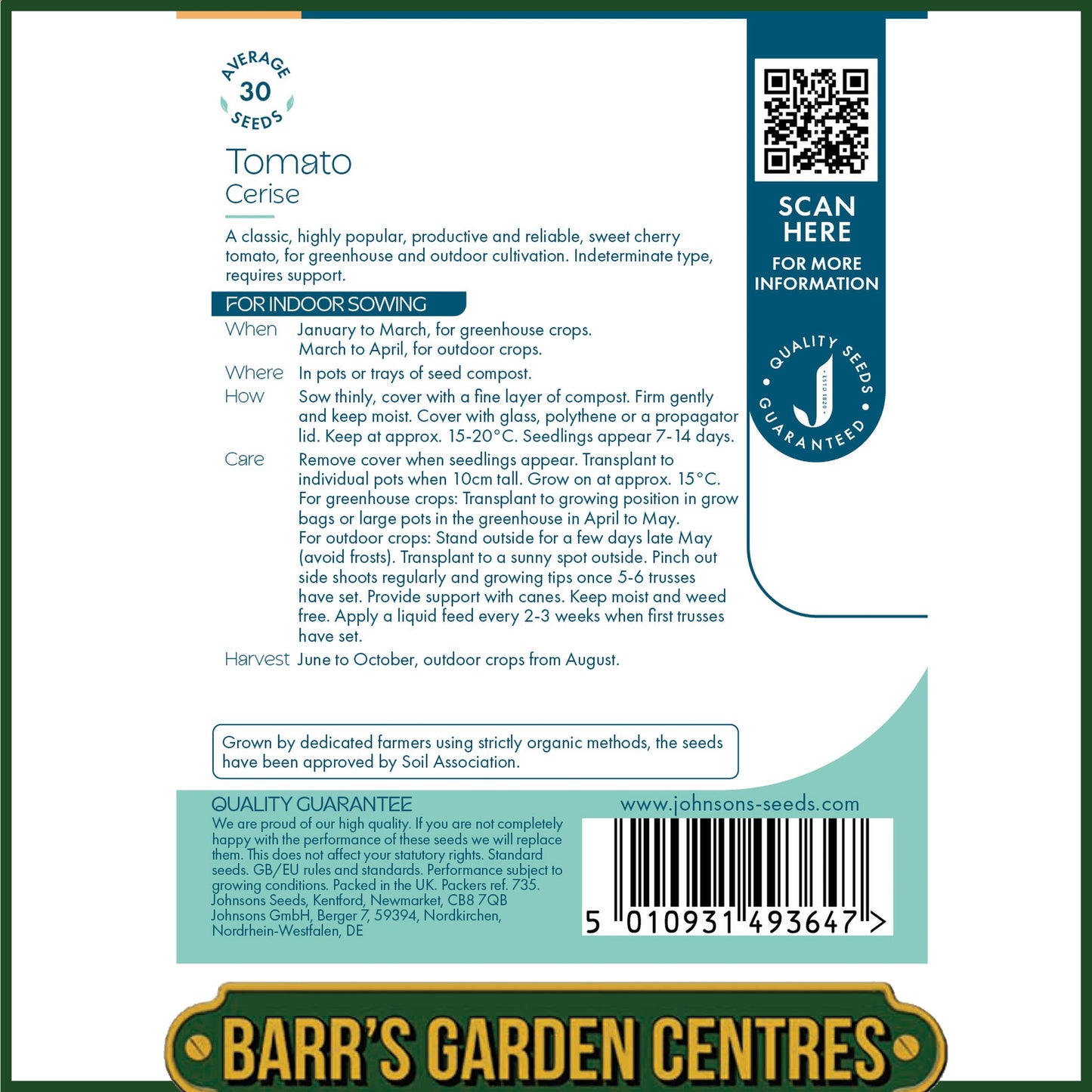 Johnsons - Organic Vegetable - Tomato Cerise - 30 Seeds