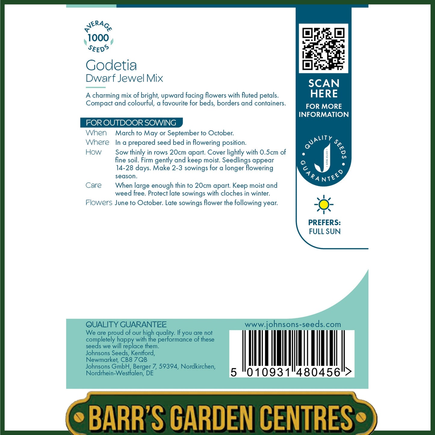 Johnsons - Godetia Dwarf Jewel Mix - 1000 Seeds