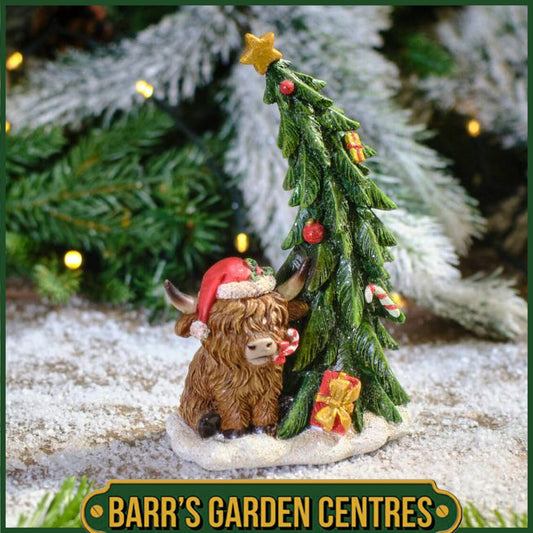 Christmas Resin Highland Cow with Tree Ornament