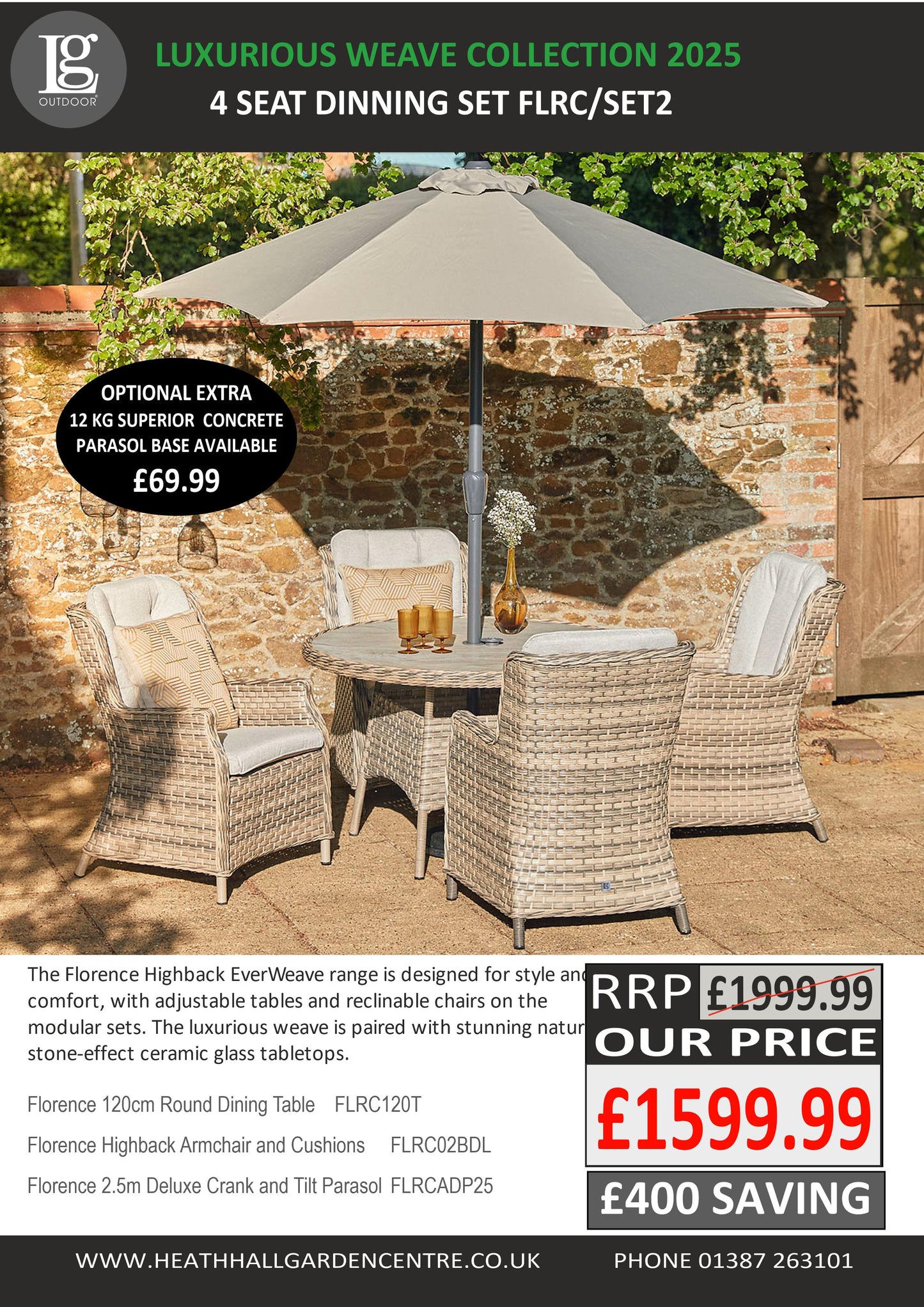 Florence 4 Seat Dining Set with  2.5m Deluxe Crank and Tilt Parasol  (Flrc-Set 2)