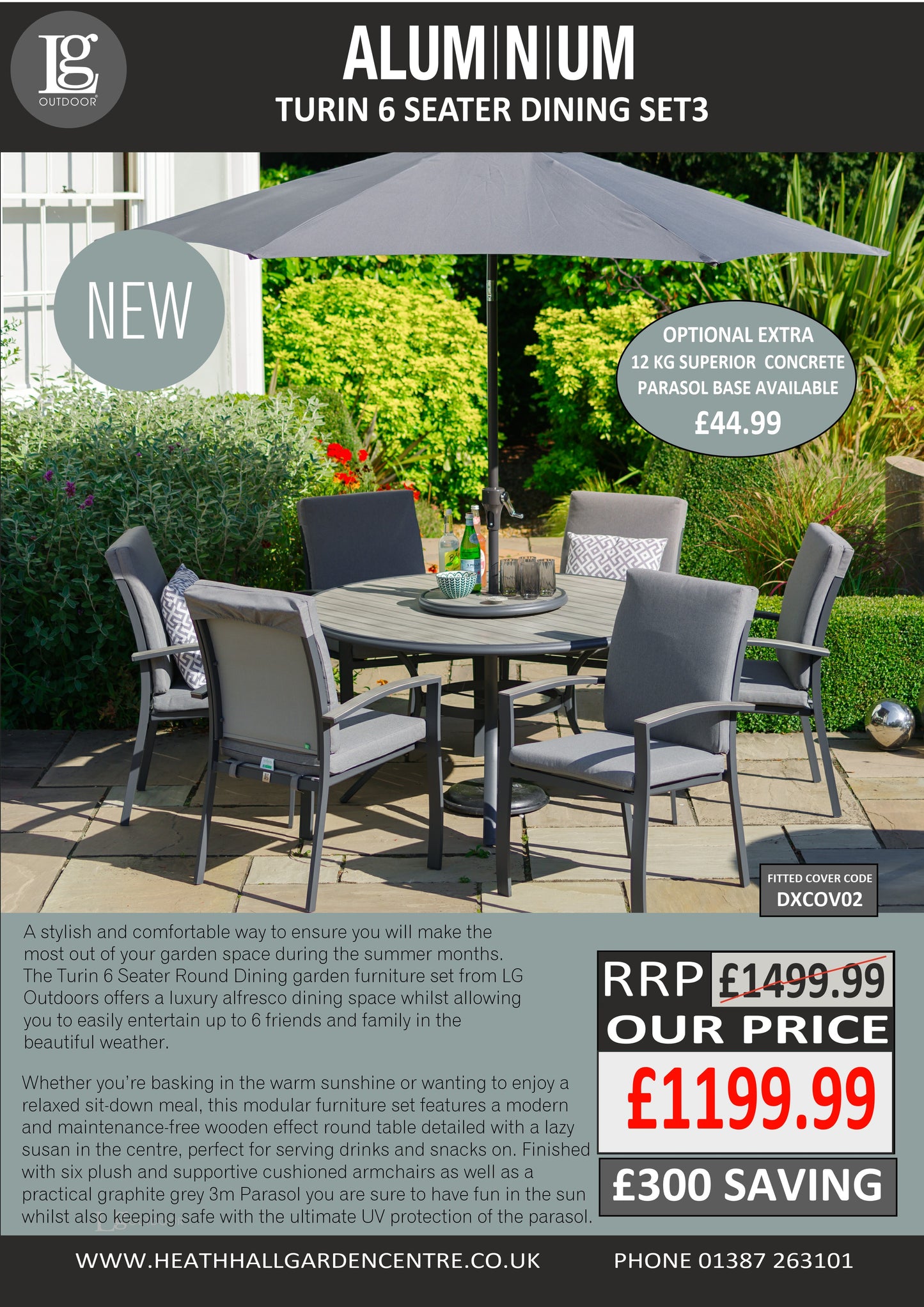 Turin Aluminium 6 Seater Dining Set with Lazy Susan