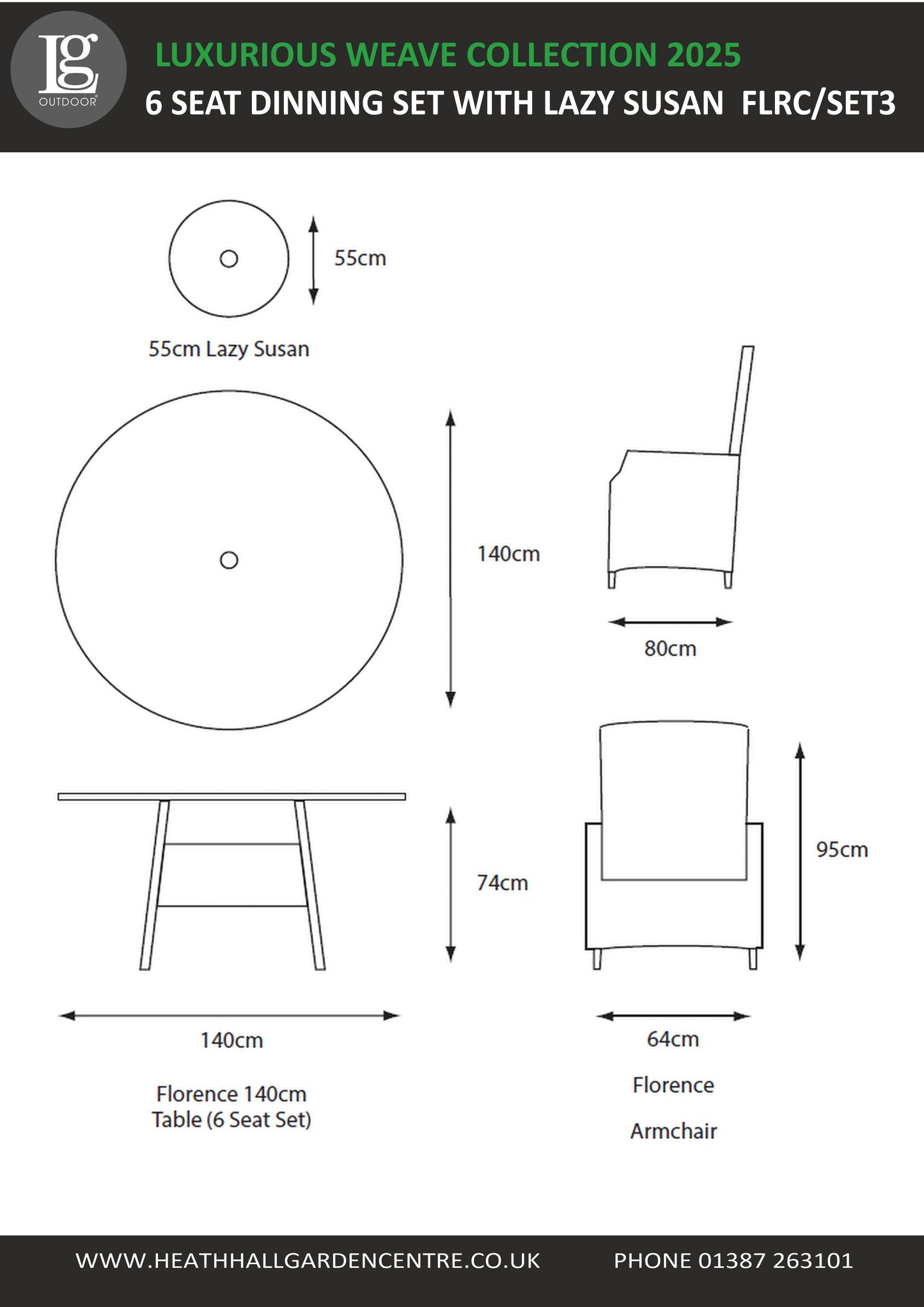 Florence 6 Seat Dinning Set with  3m Deluxe Crank and Tilt Parasol  (Flrc-Set 3)