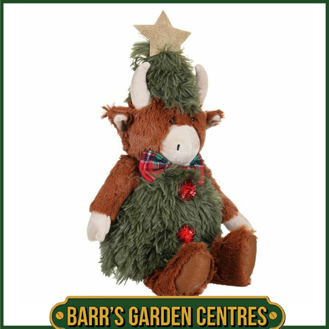 Sitting Highland Cow with Christmas Tree Outfit Plush Ornament