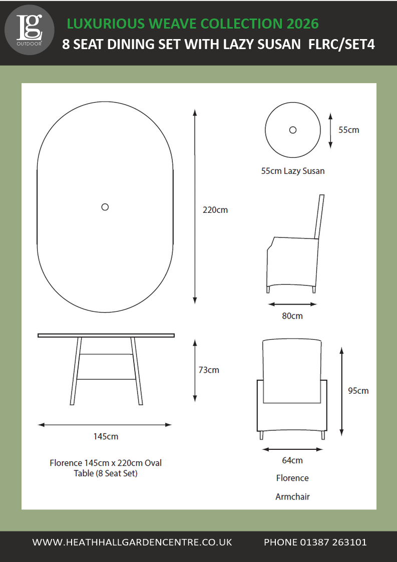 Florence 8 Seat Oval Dining Set with Lazy Susan 3m Deluxe Crank and Tilt Parasol  -Set 4