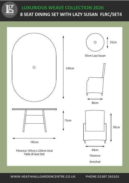 Florence 8 Seat Oval Dining Set with Lazy Susan 3m Deluxe Crank and Tilt Parasol  -Set 4