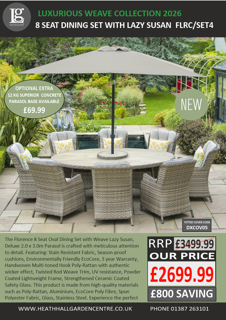 Florence 8 Seat Oval Dining Set with Lazy Susan 3m Deluxe Crank and Tilt Parasol  -Set 4