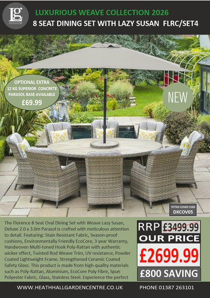 Florence 8 Seat Oval Dining Set with Lazy Susan 3m Deluxe Crank and Tilt Parasol  -Set 4