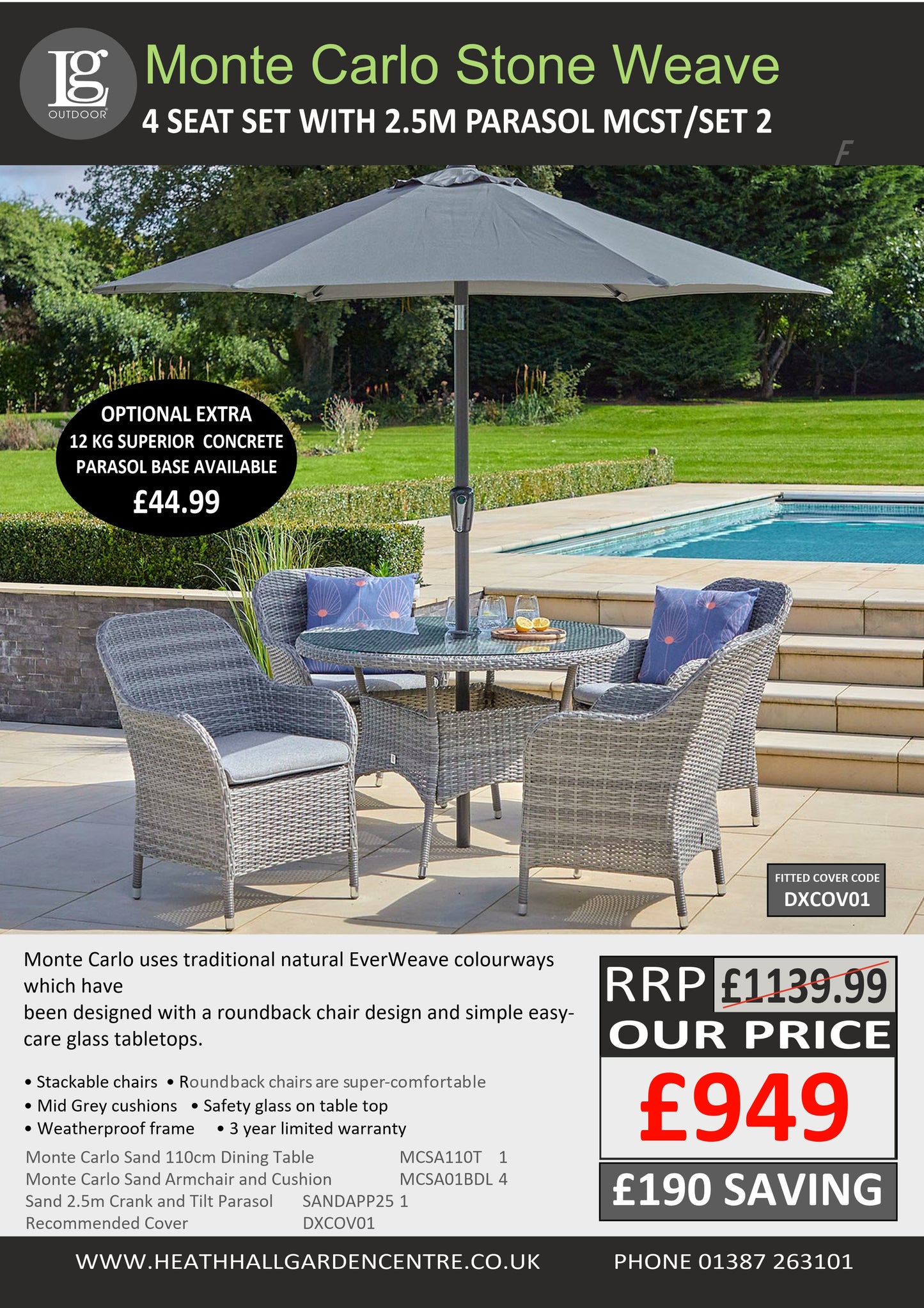 Monte Carlo Stone 4 Seat Dining Set with Parasol Set 2