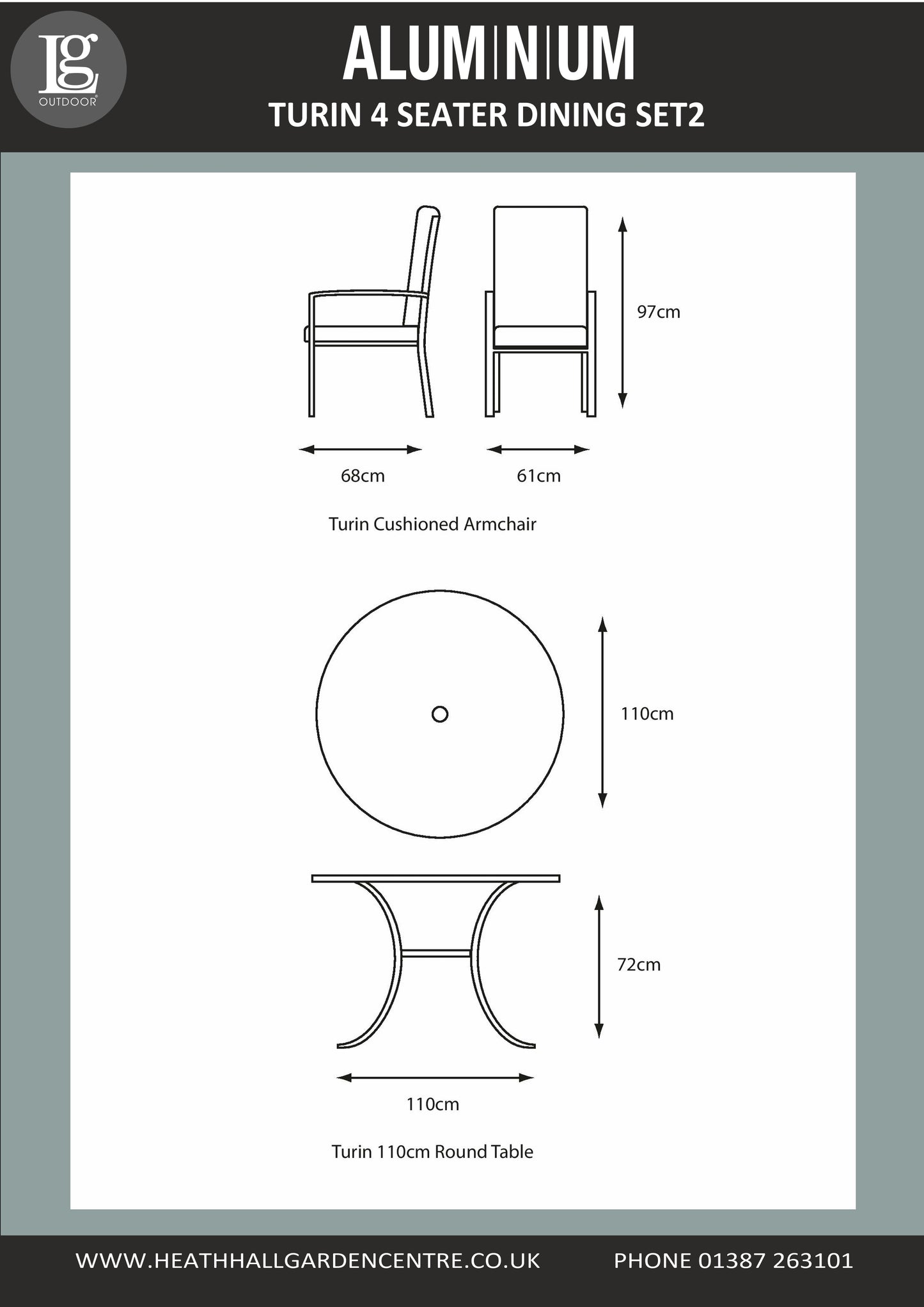 Turin Aluminium 4 Seater Dining Set