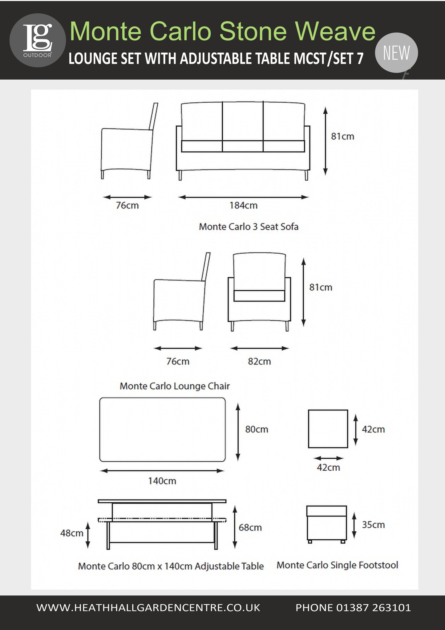 Monte Carlo Stone Lounge Set with Adjustable Table Set 7