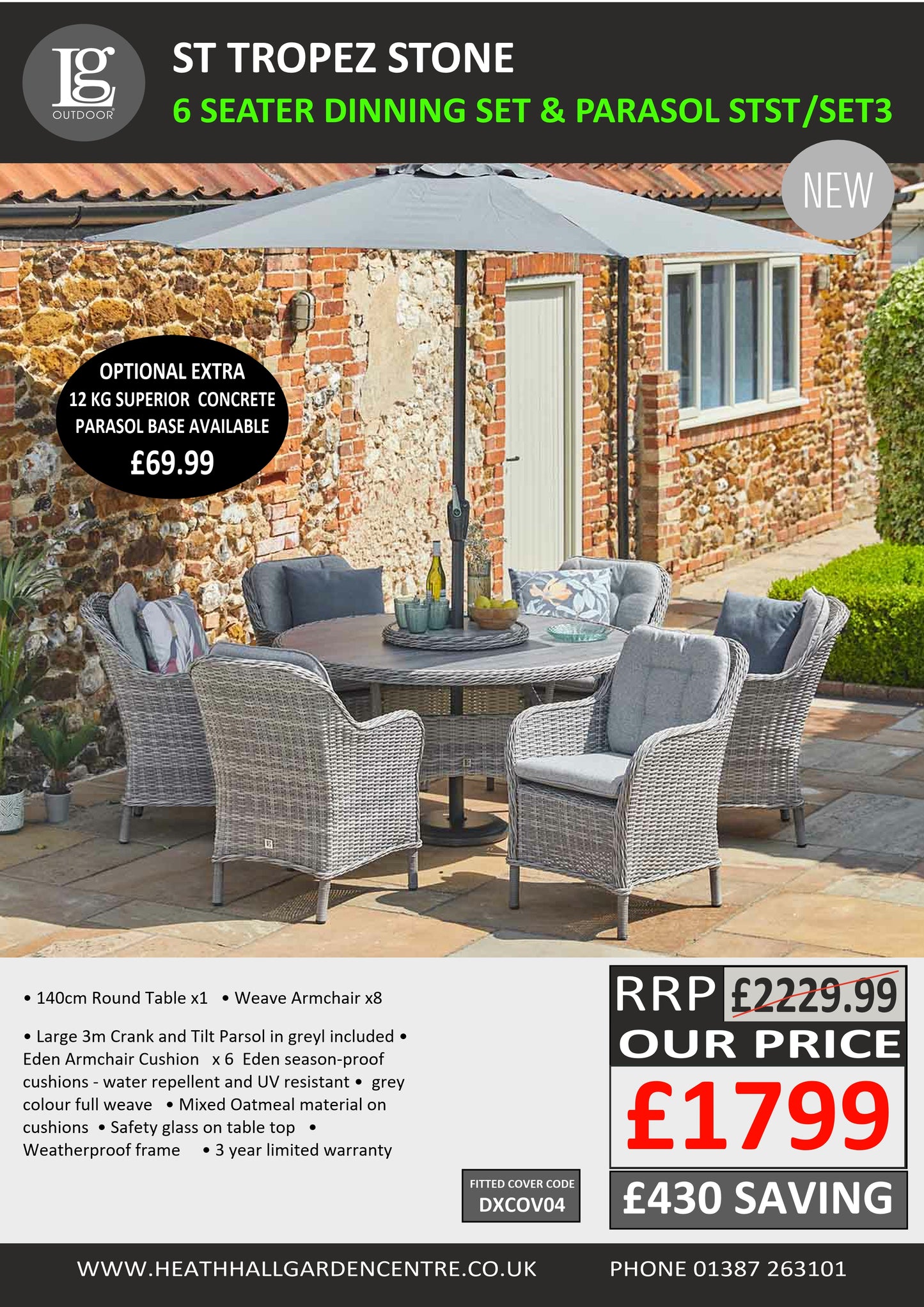 St Tropez Stone 6 Seat Dining Set with Lazy Susan and  3m Crank & Tilt Parasol Set 3