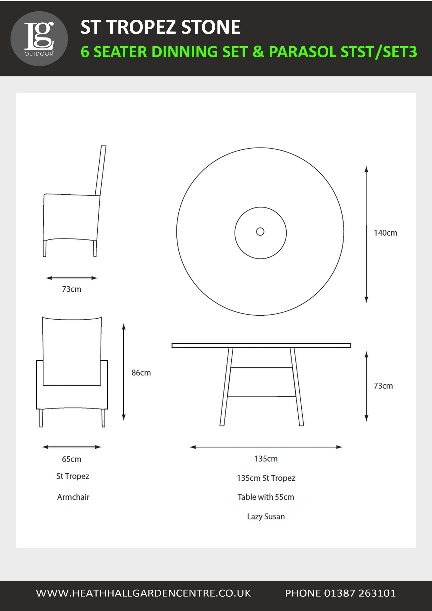 St Tropez Stone 6 Seat Dining Set with Lazy Susan and  3m Crank & Tilt Parasol Set 3