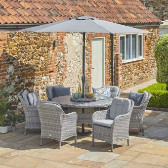 St Tropez Stone 6 Seat Dining Set with Lazy Susan and  3m Crank & Tilt Parasol Set 3