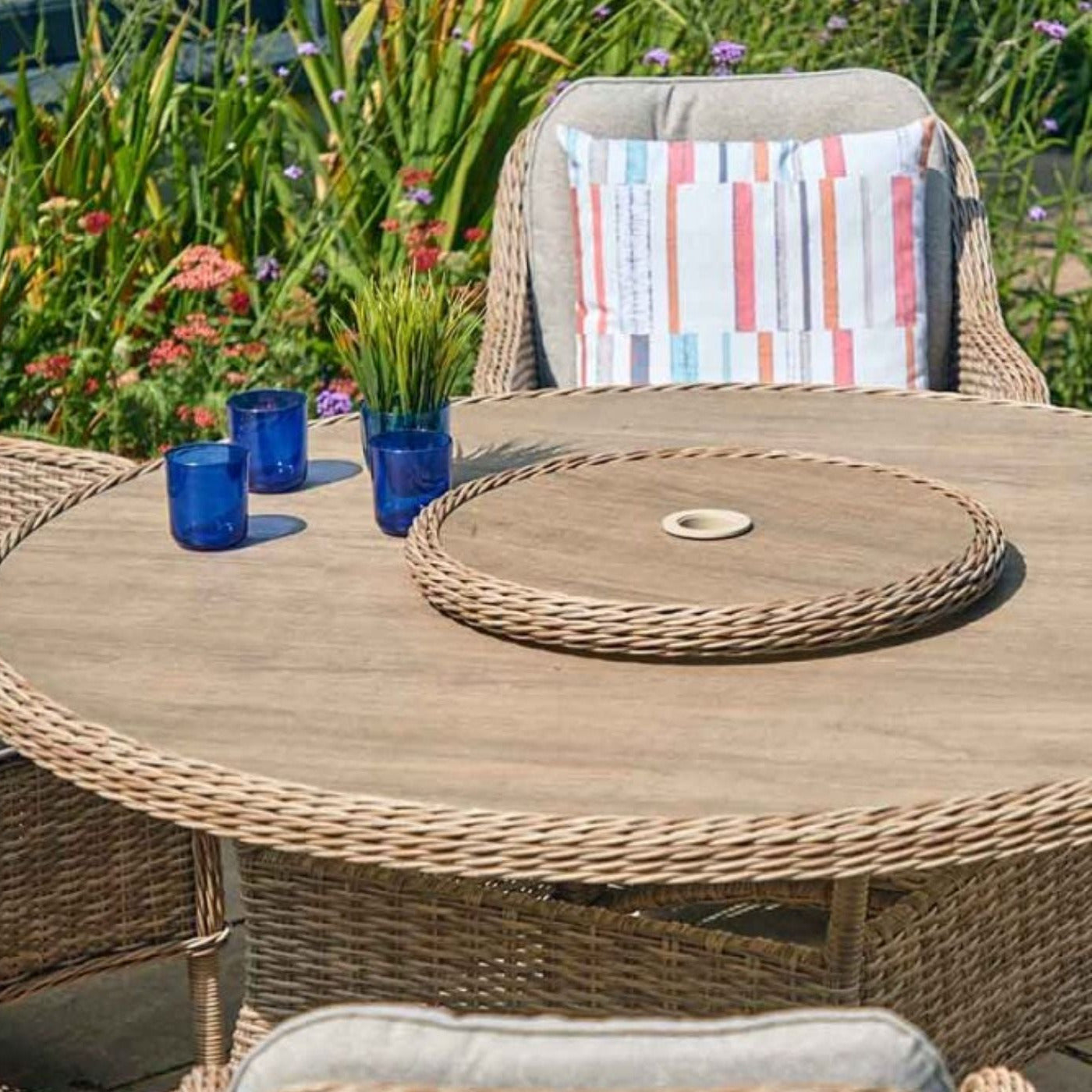 St Tropez Stone 6 Seat Dining Set with Lazy Susan and  3m Crank & Tilt Parasol Set 3