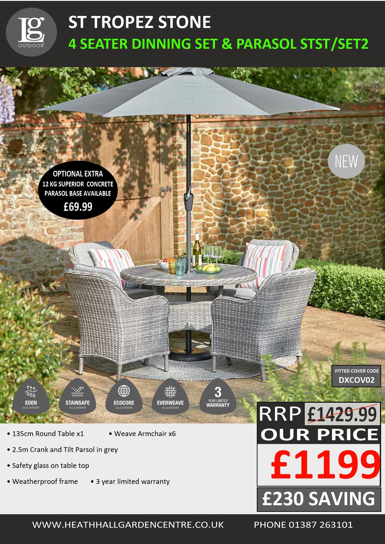 St Tropez Stone 4 Seat Dining Set with 2.5m Parasol Set 2