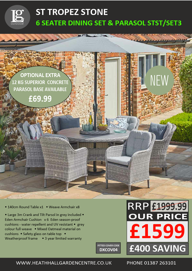 St Tropez Stone 8 Seat Dining Set with Lazy Susan and  3m Crank & Tilt Parasol Set 3