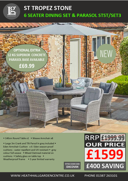 St Tropez Stone 8 Seat Dining Set with Lazy Susan and  3m Crank & Tilt Parasol Set 3