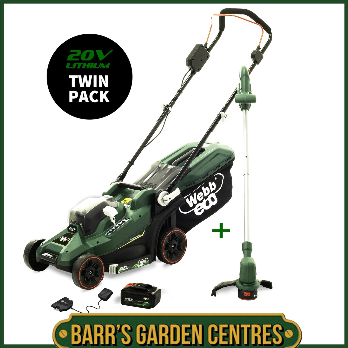 Webb Eco WEV20LM33LT25B4 20V 33cm (14″) Cordless Rotary Lawnmower and 25cm Line Trimmer (Twin Pack) 4Ah Battery & Charger included)