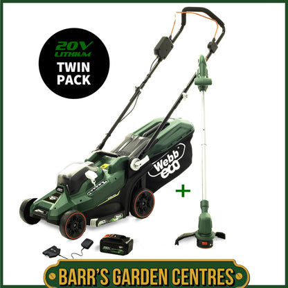 Webb Eco WEV20LM33LT25B4 20V 33cm (14″) Cordless Rotary Lawnmower and 25cm Line Trimmer (Twin Pack) 4Ah Battery & Charger included)