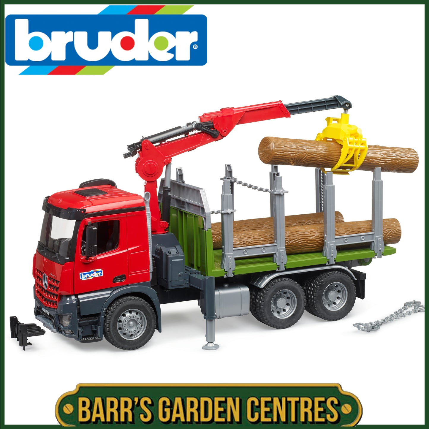BRUDER MB Arocs Timber truck with loading crane, grab and 3 trunks