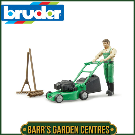 BRUDER bworld gardener with lawnmower and equipment