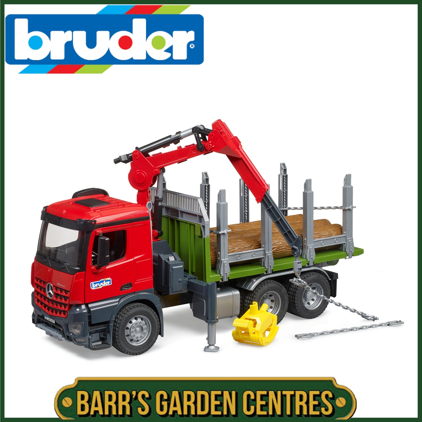 BRUDER MB Arocs Timber truck with loading crane, grab and 3 trunks