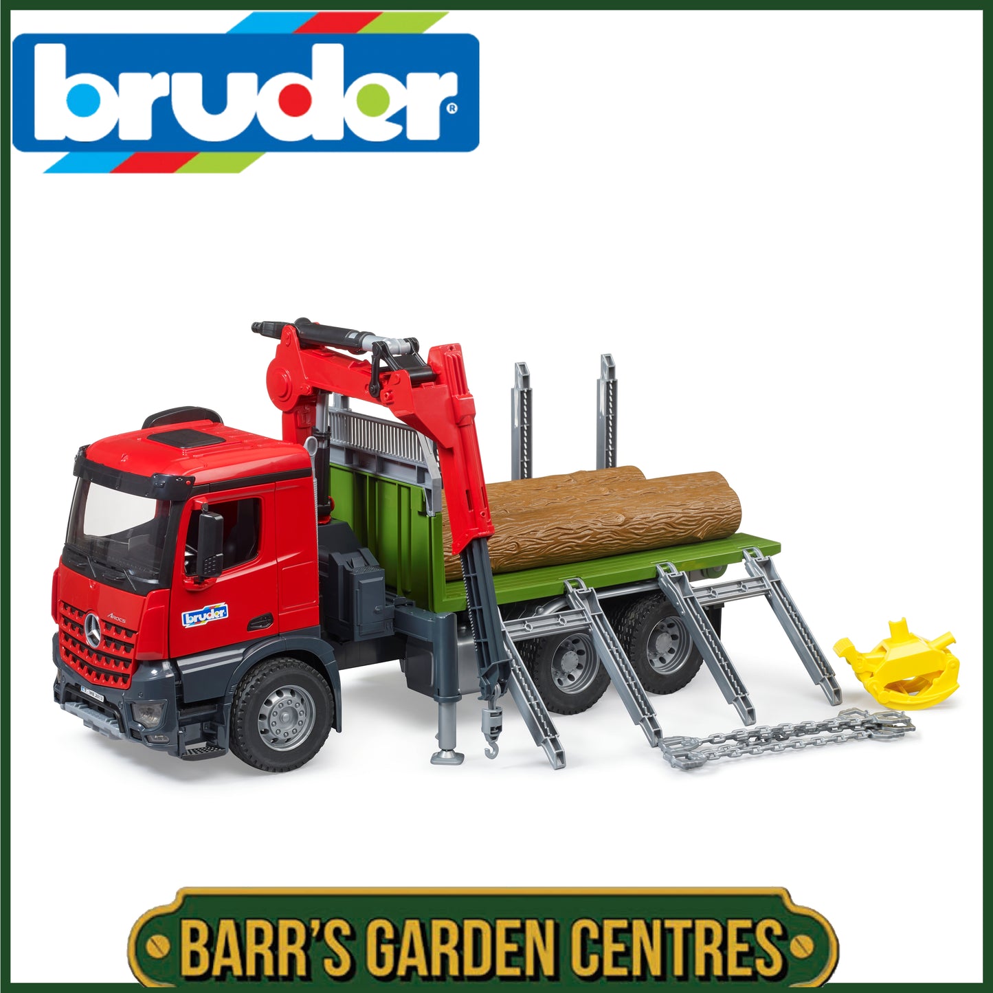 BRUDER MB Arocs Timber truck with loading crane, grab and 3 trunks