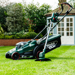 Webb Eco WEV20LM33LT25B4 20V 33cm (14″) Cordless Rotary Lawnmower and 25cm Line Trimmer (Twin Pack) 4Ah Battery & Charger included)